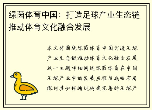 绿茵体育中国：打造足球产业生态链推动体育文化融合发展